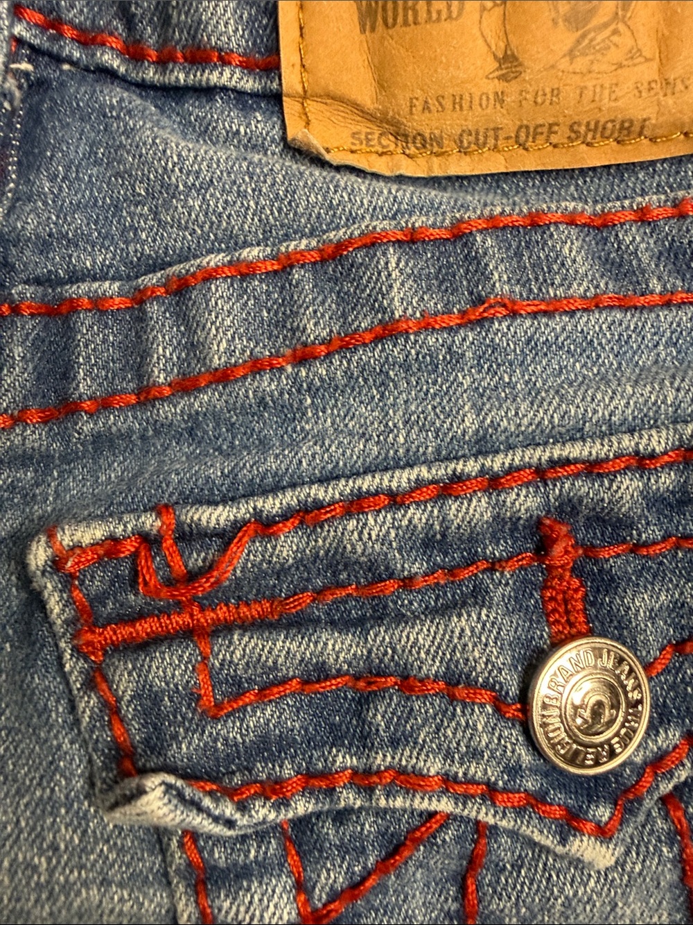True Religion Blue Denim Shorts with Red Contrast Stitching - Picture 5 of 7